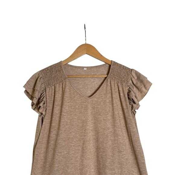 Ruffle Shoulder Women's V-Necked Smocked Soft Knit Pullover Top Size XL Tan NWOT - Picture 5 of 8